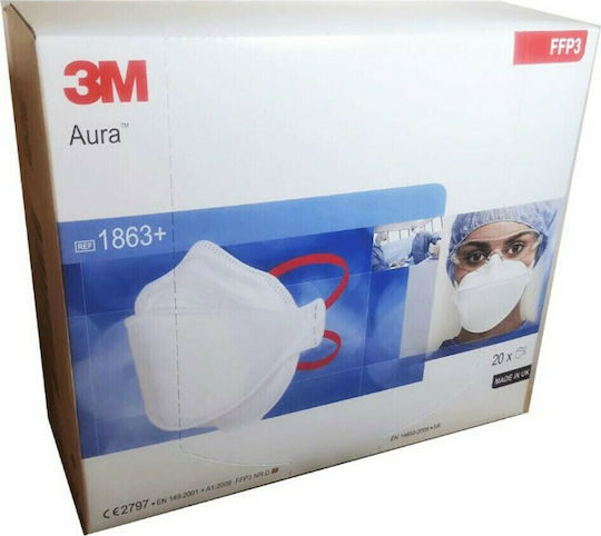 3M Aura 1863+ Μάσκα Προστασίας FFP3 Λευκή 20τμχ