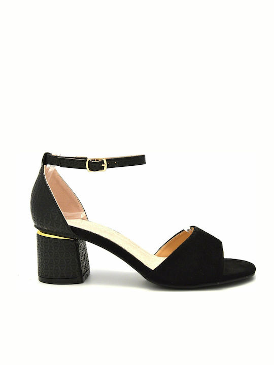 Suede Women's Sandals with Ankle Strap Black with Chunky Medium Heel