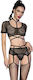 Chilirose Sexy Lingerie Set Mesh with Garters Black 4 Pieces