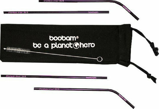 Boobam Straws Metal Purple Stainless Steel with Brush 4pcs