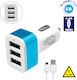 GloboStar Auto-Ladegerät 20W 3.1A mit Anschlüssen: 3xUSB mit Kabel Typ-C,TC-TC Blau Farbe