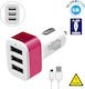 GloboStar Auto-Ladegerät 20W 3.1A mit Anschlüssen: 3xUSB mit Kabel Typ-C,TC-TC Rosa Farbe