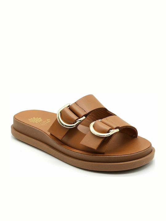 Utopia Sandals Leather Women's Flat Sandals Flatforms In Tabac Brown Colour