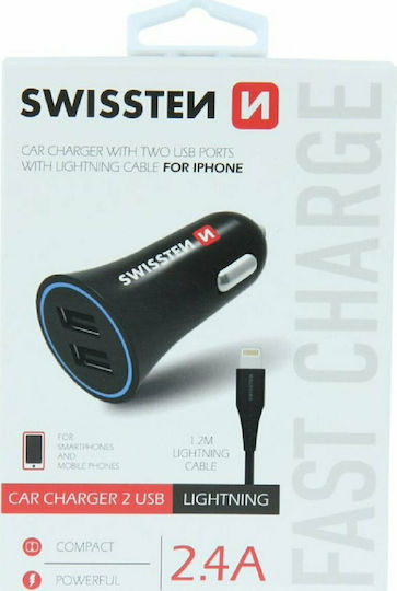 Swissten Încărcător Auto 12W 2.4A cu Porturi: 2xUSB împreună cu Cablu Lightning Negru Culoare