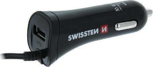 Swissten Auto-Ladegerät 12W 2.4A mit Anschlüssen: 1xUSB-A 1xType-C inklusive Kabeltyp Type-C Schwarz Farbe