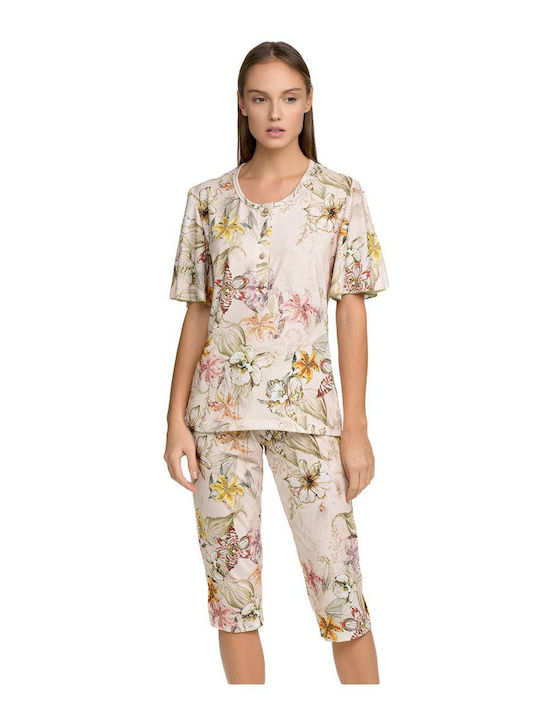 Yota Damen Pyjama Capri Hibiskus Multicolor