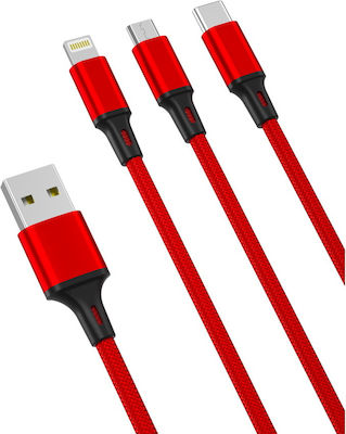 XO NB173 Braided USB to Lightning / Type-C / micro USB Cable 2.4A Κόκκινο 1.2m
