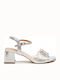 Menbur Fabric Women's Sandals with Ankle Strap Silver with Chunky Medium Heel