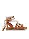 Envie Shoes Leather Women's Flat Sandals with Strap in Tabac Brown Color