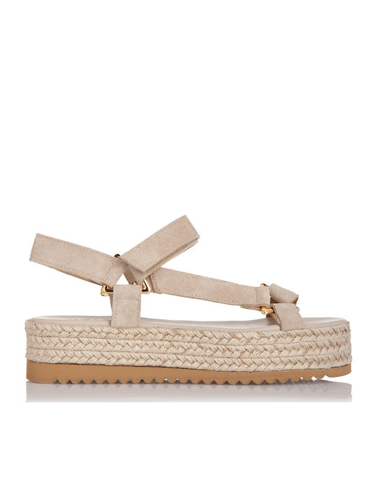 Leather Women's Flat Sandals with Strap Flatforms in Beige Color