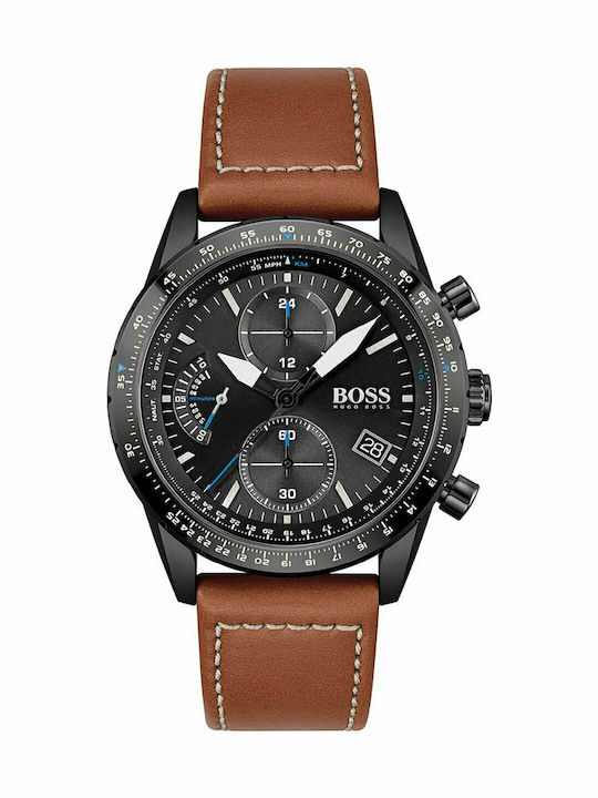 Boss Pilot Men's Watch 44mm Chronograph Battery with Brown Leather Strap