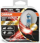 Osram Λάμπες Αυτοκινήτου & Μοτοσυκλέτας Night Breaker Laser 200 H4 Αλογόνου 3900K Φυσικό Λευκό 12V 55W 2τμχ