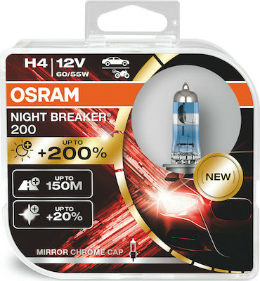 Osram Λάμπες Αυτοκινήτου & Μοτοσυκλέτας Night Breaker Laser 200 H4 Αλογόνου 3900K Φυσικό Λευκό 12V 55W 2τμχ