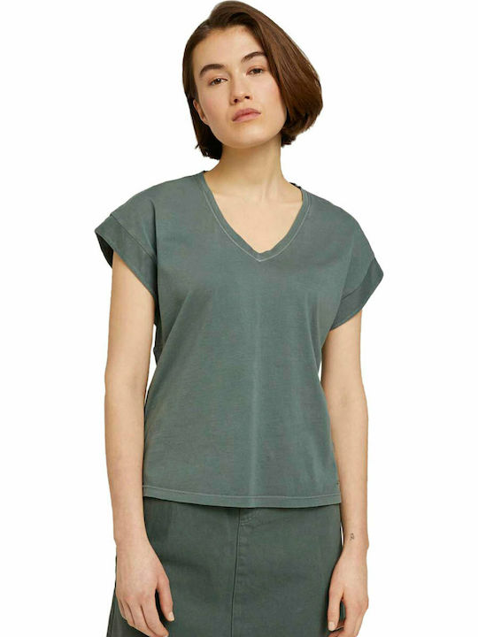 Tom Tailor Women's Summer Blouse Short Sleeve with V Neckline Green