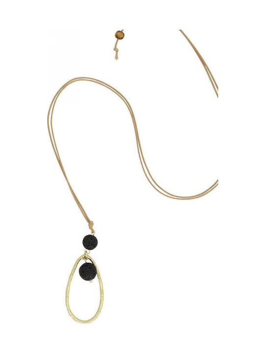 Handmade necklace with gold oval motif and black lava stones (tatu moyo) 1014-851XA
