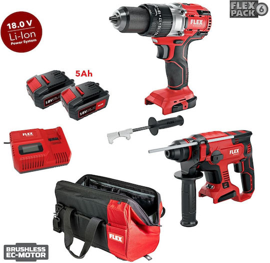 Flex 46694 Σετ Κρουστικό Δραπανοκατσάβιδο & Πιστολέτο 18V με 2 Μπαταρίες 5Ah και Θήκη
