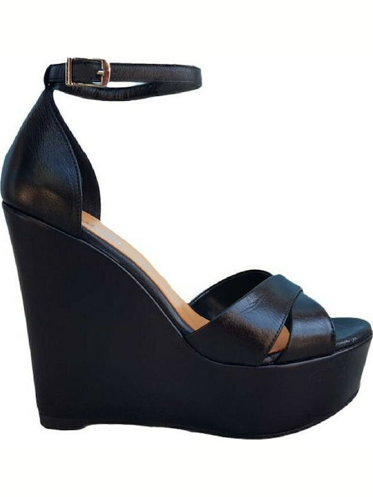 Women's Leather T-Strap Platforms Black