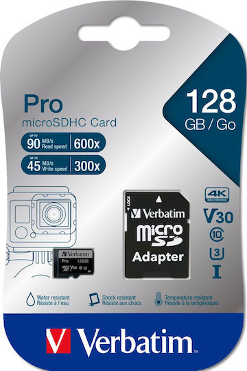 Verbatim Pro microSDXC 128GB U3 V30 UHS-I 90MB/s με αντάπτορα