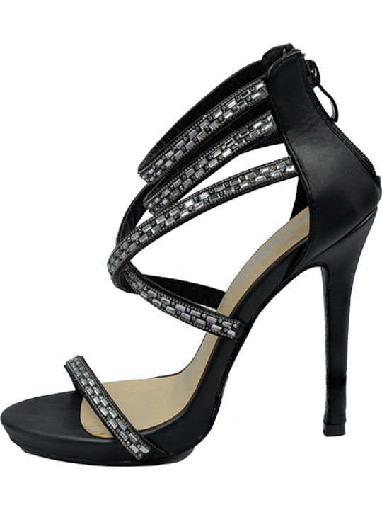 Verde Women's Sandals with Strass Black with Thin High Heel