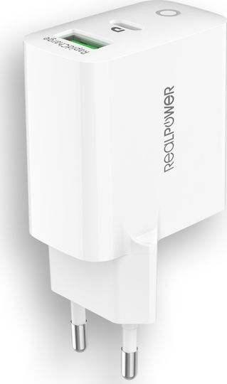 RealPower Mobile Phone Charger Without Cable GaN with USB-A and USB-C Power Delivery White