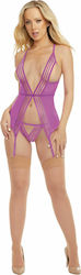 Dreamgirl Stretch Mesh & Striped Elastic Short Garter Slip Purple