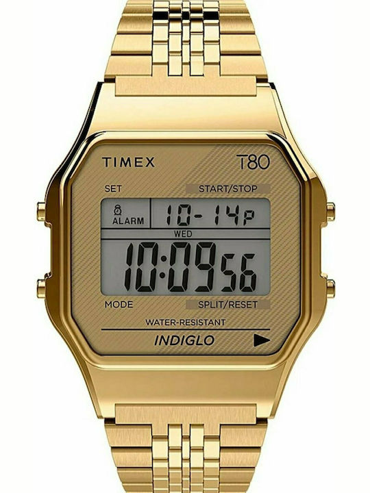 Timex T80 Ψηφιακό Ανδρικό Ρολόι 34mm Μπαταρίας με Χρυσό Μεταλλικό Μπρασελέ
