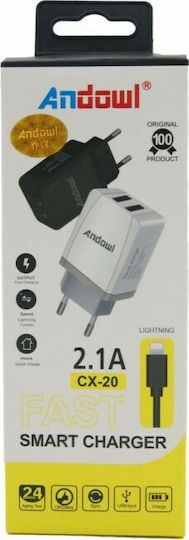 Andowl Φορτιστής με 2 Θύρες USB-A και Καλώδιο micro USB Μαύρος (CX-20)