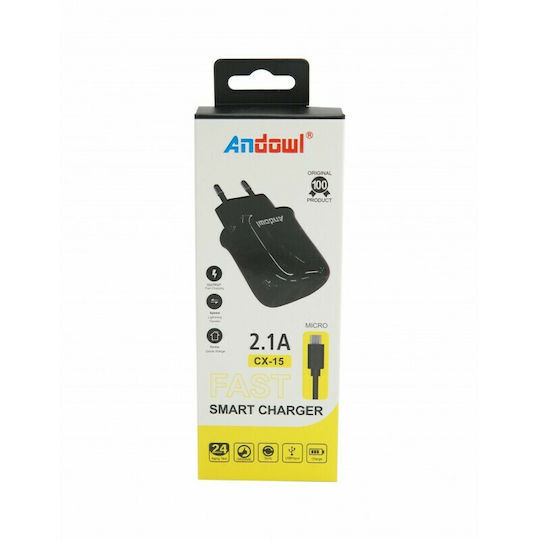 Andowl Φορτιστής με Θύρα USB-A και Καλώδιο micro USB Μαύρος (CX-15)