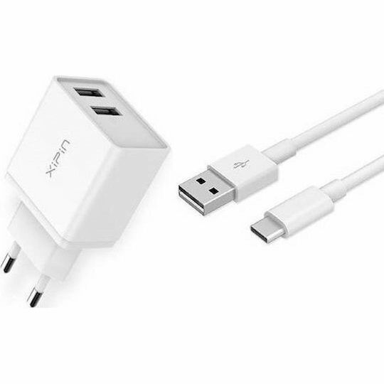 Xipin Charger with 2 USB-A Ports and Cable USB-C Whites (EU-03T )