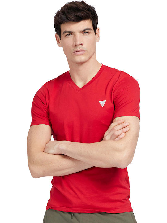 Guess Men's Short Sleeve T-shirt with V-Neck Red