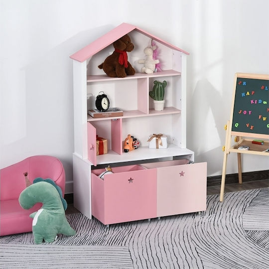 Holzbibliothek für Kinder mit 4 Regalen & 2 herausnehmbaren Schubladen Bücherregal Boden Rosa 80x34x130cm