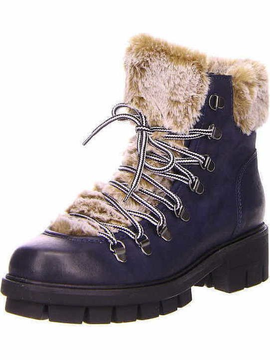 Leather Women's Ankle Boots with Fur Blue