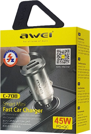 Awei C-708 Car Charger 45W with Ports: 1xUSB 1xType-C Black Color