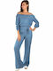 Γυναικεία Off-Shoulder Ολόσωμη Φόρμα Μπλε