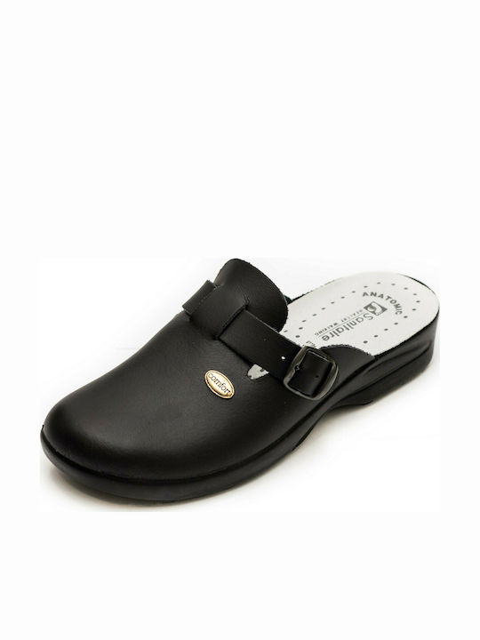 Sanitaire Damen Leder Holzschuhe Anatomisch Schwarz