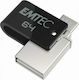 Emtec Dual 64GB USB 2.0 Stick mit Verbindung USB-A & Micro-USB-B Schwarz