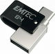 Emtec Dual 64GB USB 2.0 Stick cu conexiune USB-A & USB-C Negru