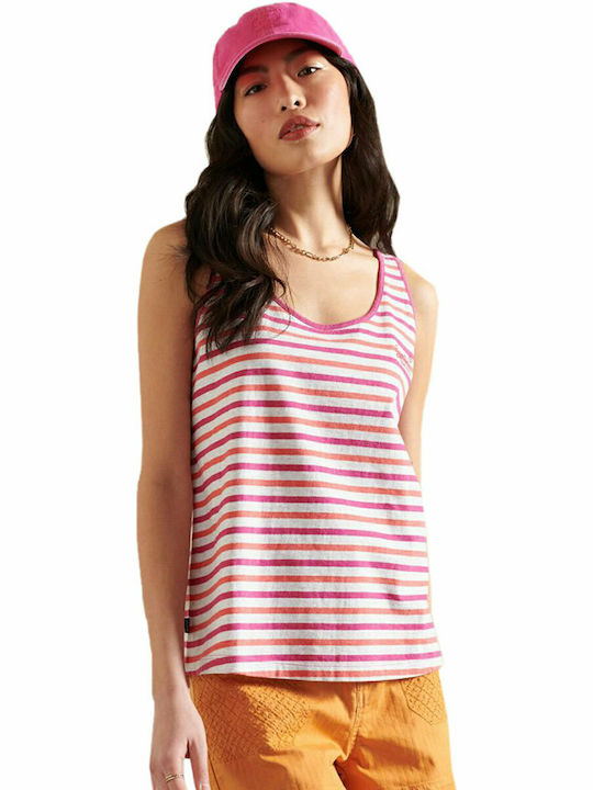 Superdry Women's Blouse Cotton Sleeveless with V Neckline Striped Fuchsia