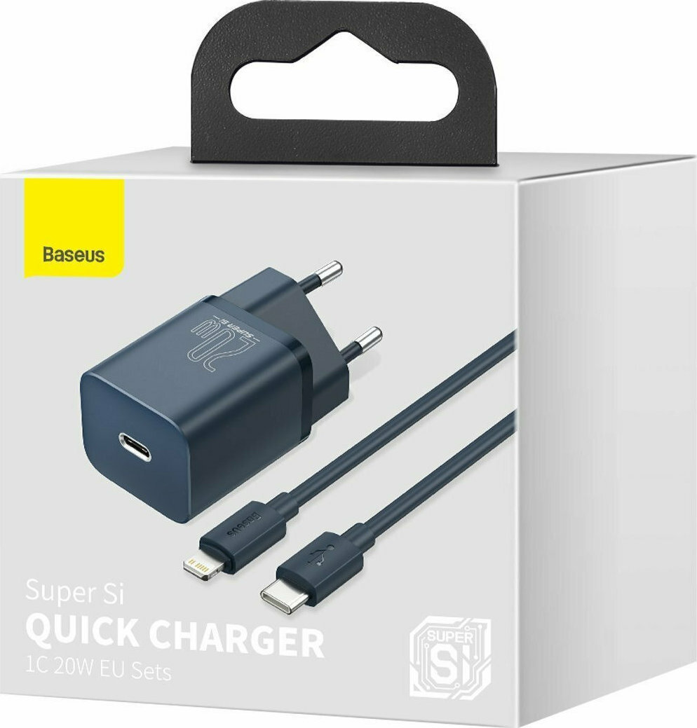 Baseus Γρήγορος Φορτιστής Super Si 1C 20W με Καλώδιο USB-C σε Lightning 1m (Μπλε)