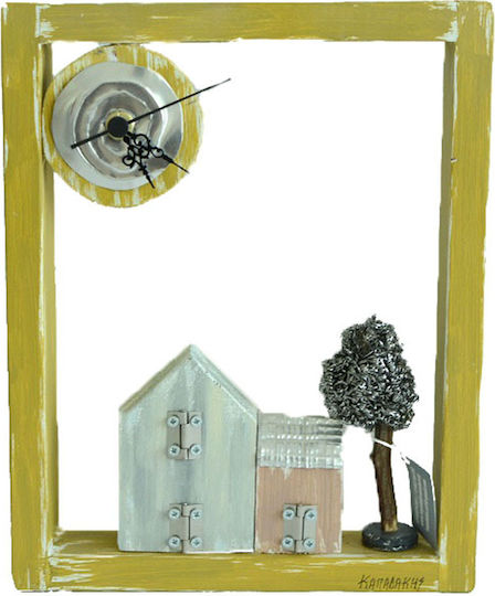 Kapadakis Wood Art Houses With Tree Wall Clock Wooden Gold 24x30cm