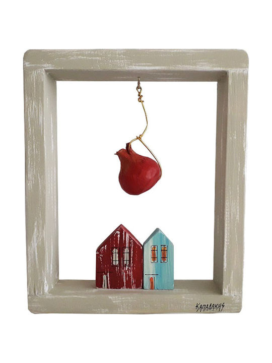 Kapadakis Wood Art Wooden Wall Ornament Σπίτια Με Κεραμικό Ρόδι 20x5x24cm