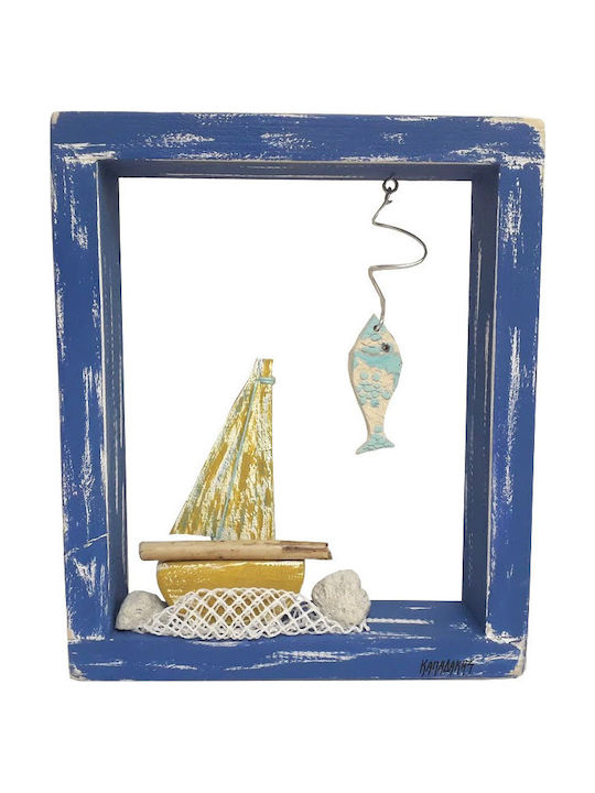 Kapadakis Wood Art Διακοσμητικό Κάδρο από Ξύλο Ψαράκι με Καράβι Μπλε 20x5x24cm