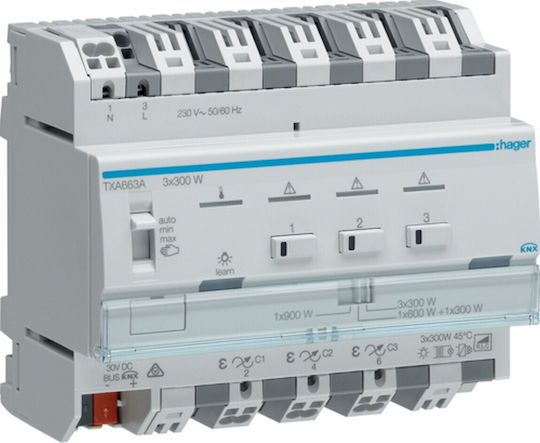 Hager Χρονικό Ράγας KNX Dimming Easy Ενεργοποιητής KNX Ρύθμισης Φωτισμού Easy 3 Εξόδων 300W TXA663A