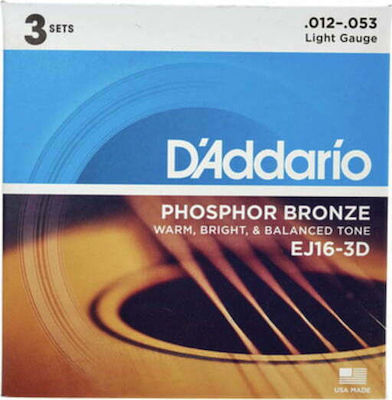 Daddario Set Phosphor-Bronze Saiten für Akustische Gitarre Acoustic Regulär Leicht 3er Pack 12 - 53"