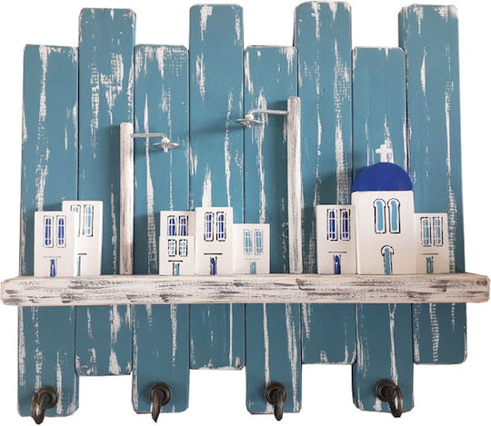 Kapadakis Wood Art Wall Hanger Wooden 4 Hooks Blue 35x8x30cm