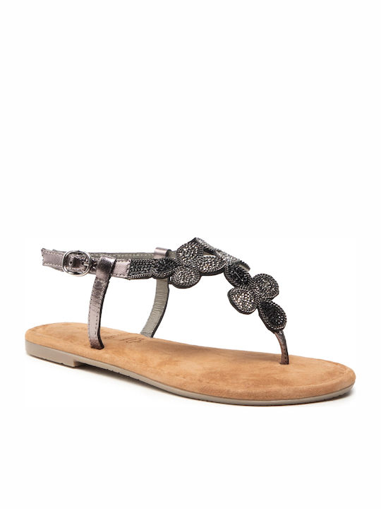 Leather Women's Flat Sandals with Strap in Silver Color