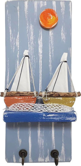 Kapadakis Wood Art Wall Hanger Handmade Two Ships Wooden 2 Hooks Multicolour 15x7x40cm