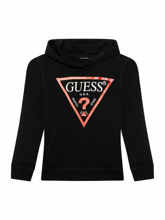 Guess Kids Fleece Sweatshirt with Hood and Pocket Black