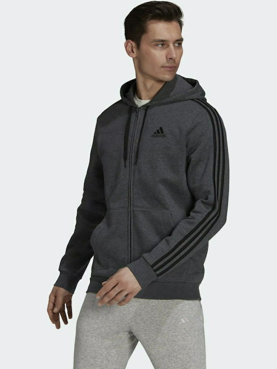 Adidas Essentials 3-Stripes Logo Ανδρική Φούτερ Ζακέτα με Κουκούλα και Τσέπες Γκρι
