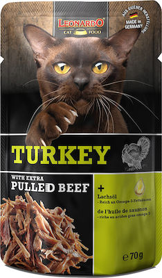 Leonardo Pulled Beef Nasses Katzenfutter für Katze in Beutel mit Türkei 70gr 07442